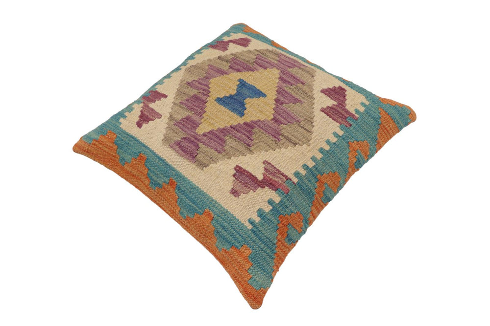 handmade Traditional Pillow Blue Orange Hand-Woven SQUARE 100% WOOL Hand woven turkish pillow2 x 2