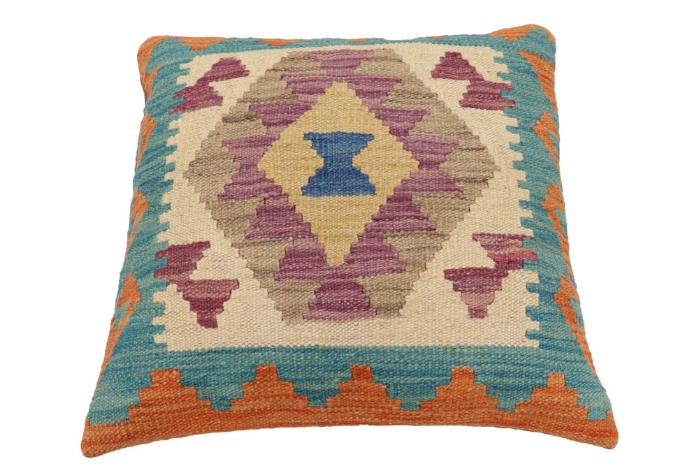 handmade Traditional Pillow Blue Orange Hand-Woven SQUARE 100% WOOL Hand woven turkish pillow2 x 2