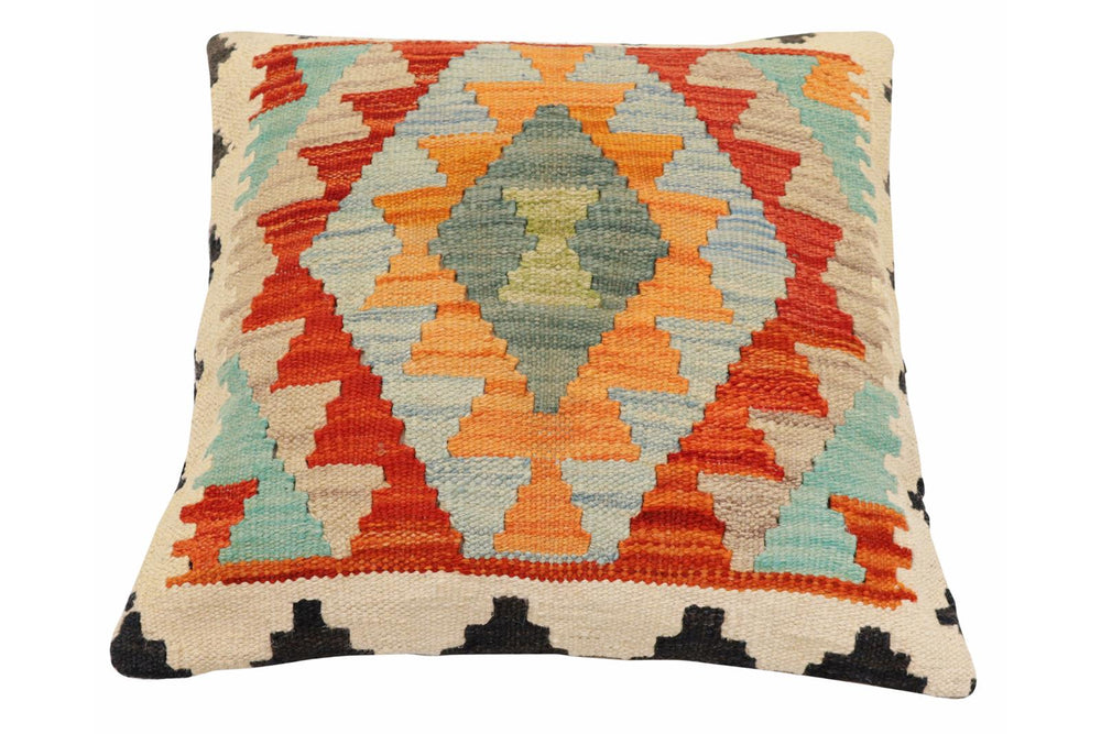 handmade Traditional Pillow Rust Blue Hand-Woven SQUARE 100% WOOL  Hand woven turkish pillow  2 x 2