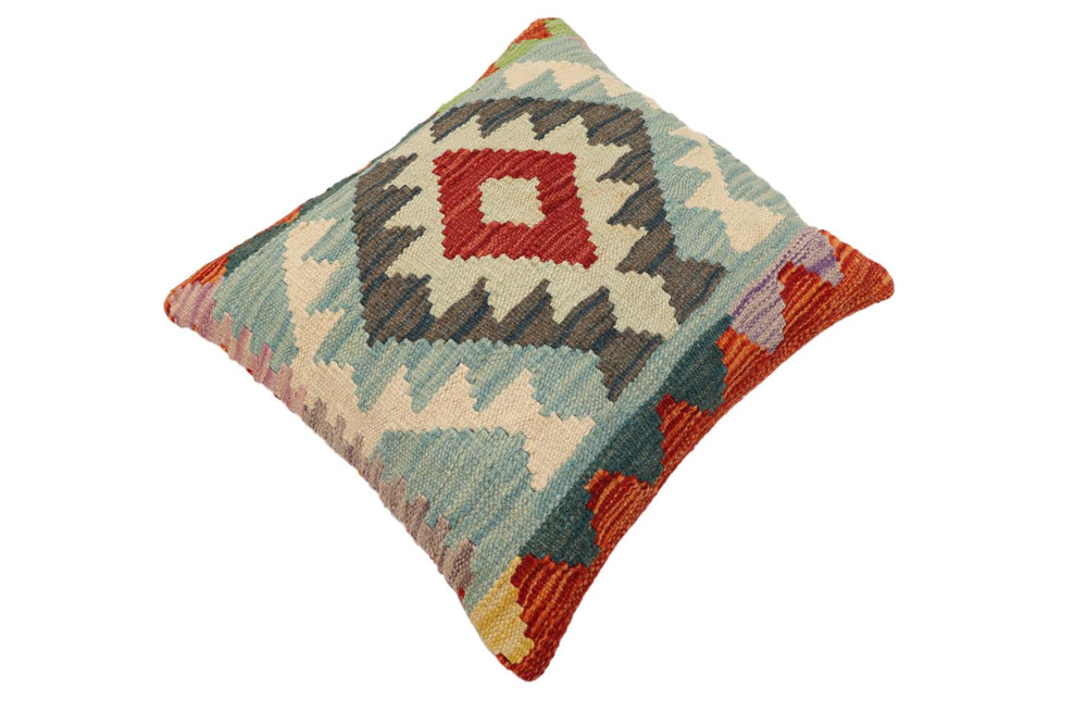 handmade Traditional Pillow Rust Blue Hand-Woven SQUARE 100% WOOL  Hand woven turkish pillow  2 x 2