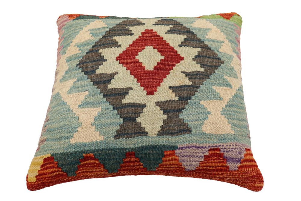 handmade Traditional Pillow Rust Blue Hand-Woven SQUARE 100% WOOL  Hand woven turkish pillow  2 x 2