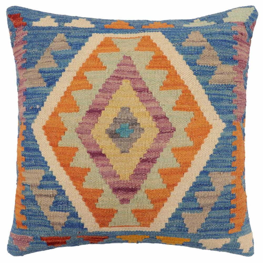 handmade Traditional Pillow Blue Orange Hand-Woven SQUARE 100% WOOL Hand woven turkish pillow2 x 2