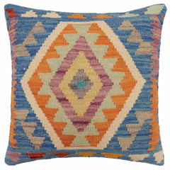 handmade Traditional Pillow Blue Orange Hand-Woven SQUARE 100% WOOL Hand woven turkish pillow2 x 2