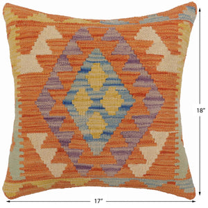 handmade Traditional Pillow Orange Blue Hand-Woven SQUARE 100% WOOL  Hand woven turkish pillow  2 x 2