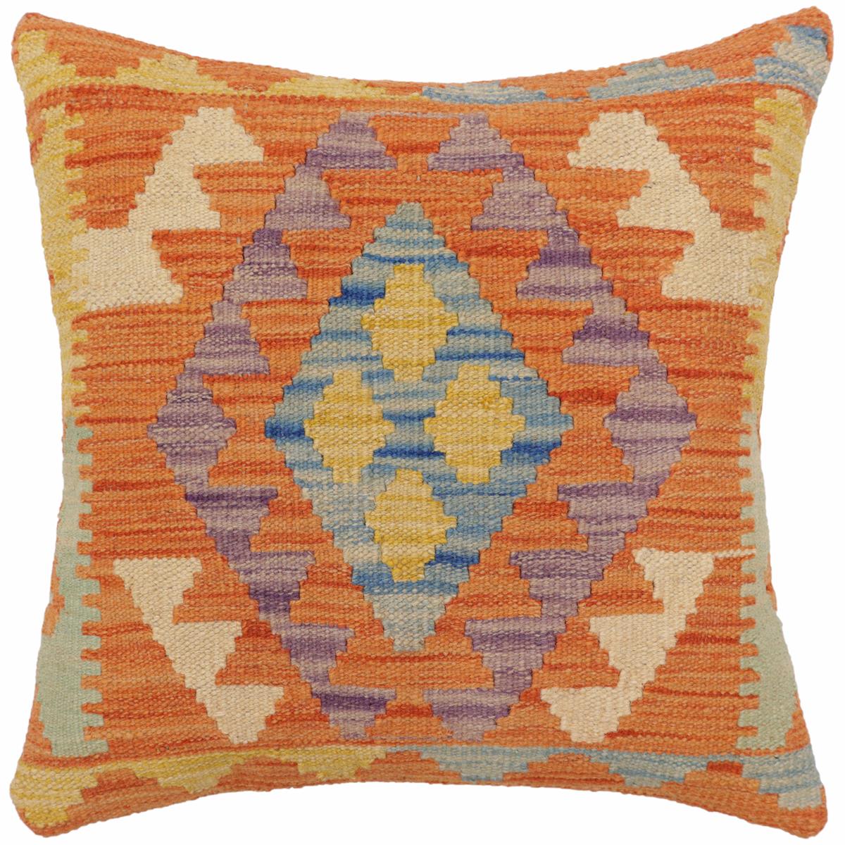 handmade Traditional Pillow Orange Blue Hand-Woven SQUARE 100% WOOL  Hand woven turkish pillow  2 x 2
