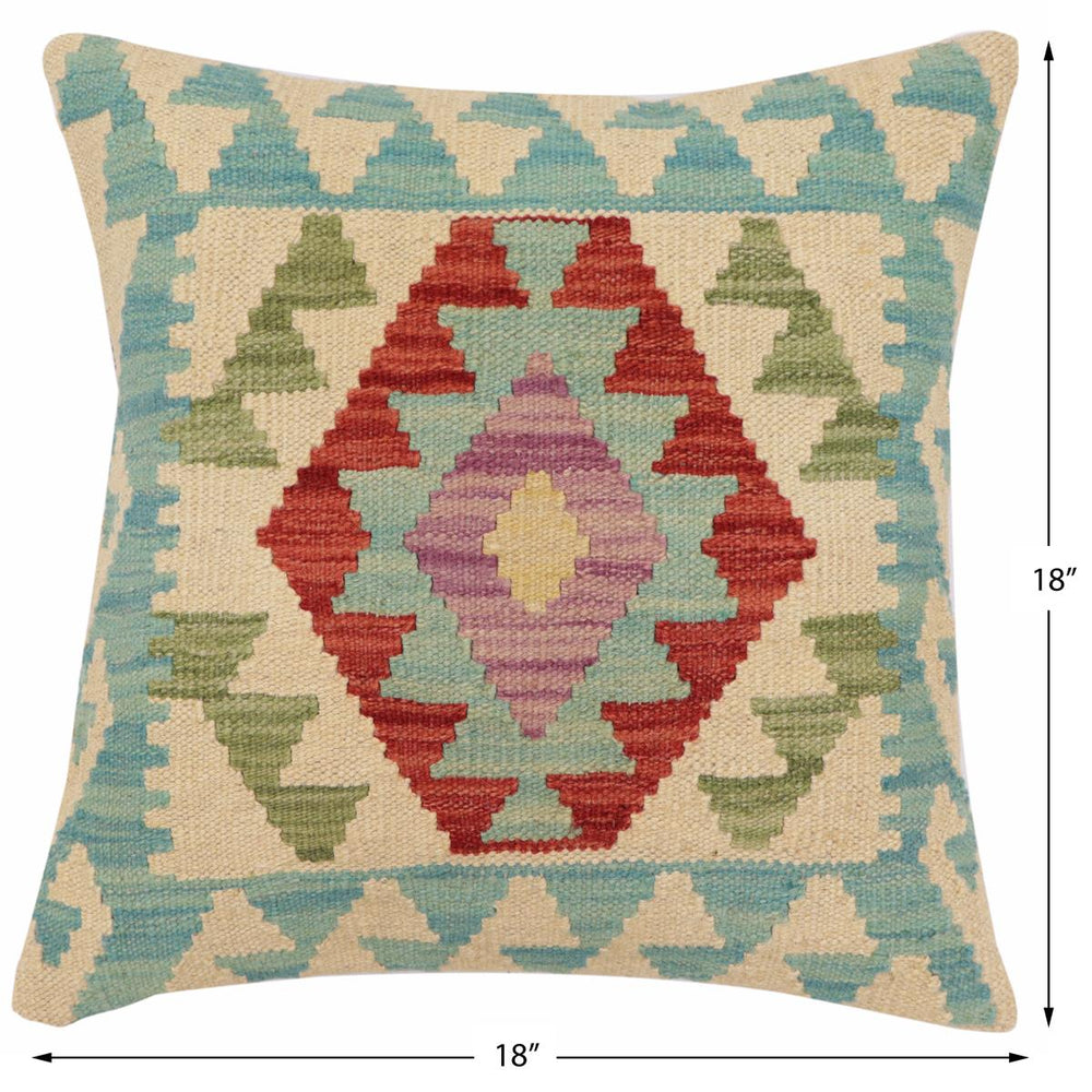 handmade Traditional Pillow Beige Blue Hand-Woven SQUARE 100% WOOL Hand woven turkish pillow2 x 2