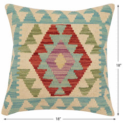 handmade Traditional Pillow Beige Blue Hand-Woven SQUARE 100% WOOL Hand woven turkish pillow2 x 2