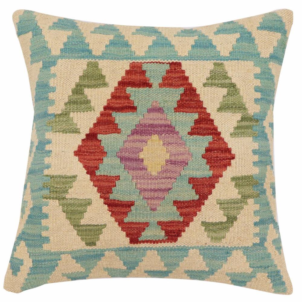 handmade Traditional Pillow Beige Blue Hand-Woven SQUARE 100% WOOL Hand woven turkish pillow2 x 2