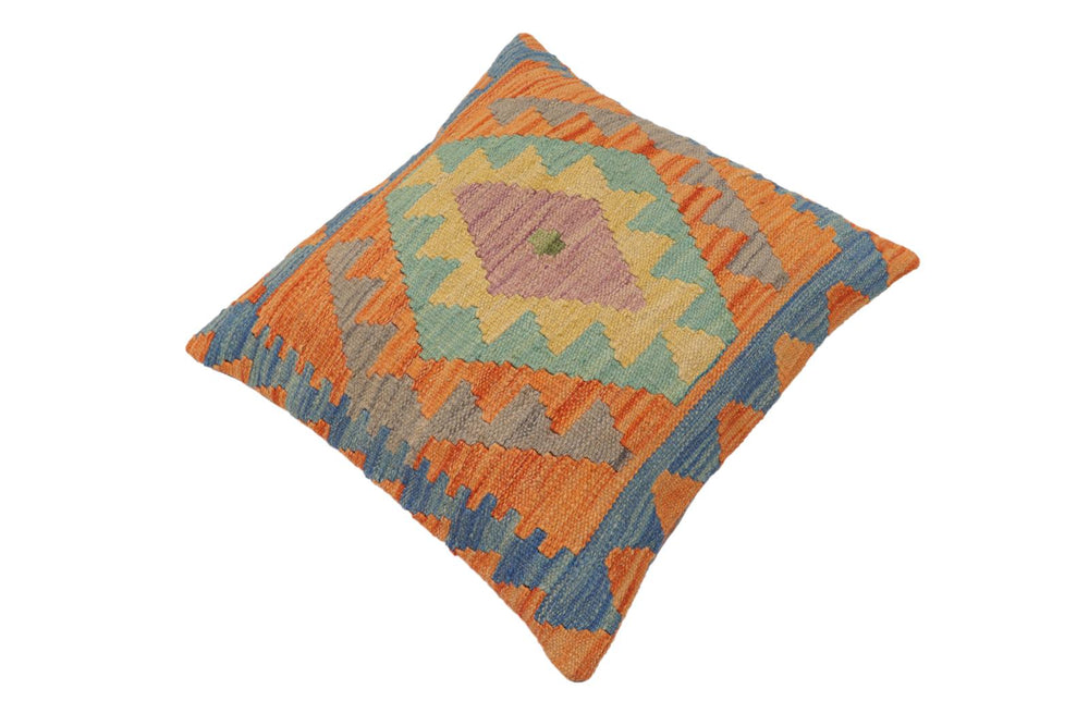 handmade Traditional Pillow Blue Orange Hand-Woven SQUARE 100% WOOL Hand woven turkish pillow2 x 2