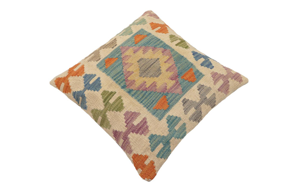 handmade Traditional Pillow Beige Blue Hand-Woven SQUARE 100% WOOL Hand woven turkish pillow2 x 2