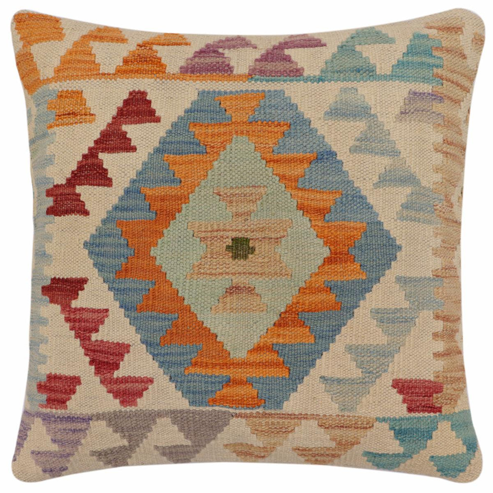 handmade Traditional Pillow Beige Blue Hand-Woven SQUARE 100% WOOL Hand woven turkish pillow2 x 2