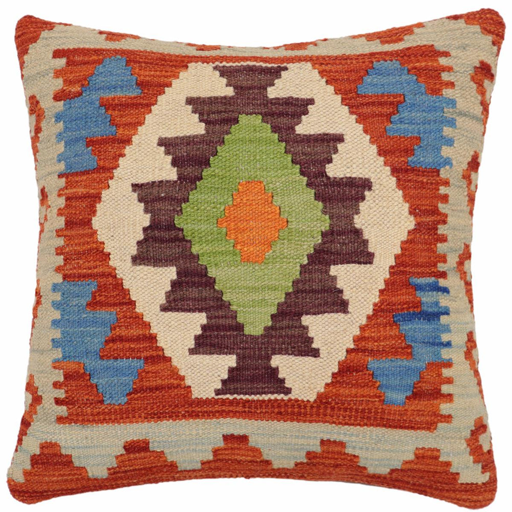 handmade Traditional Pillow Rust Blue Hand-Woven SQUARE 100% WOOL Hand woven turkish pillow2 x 2