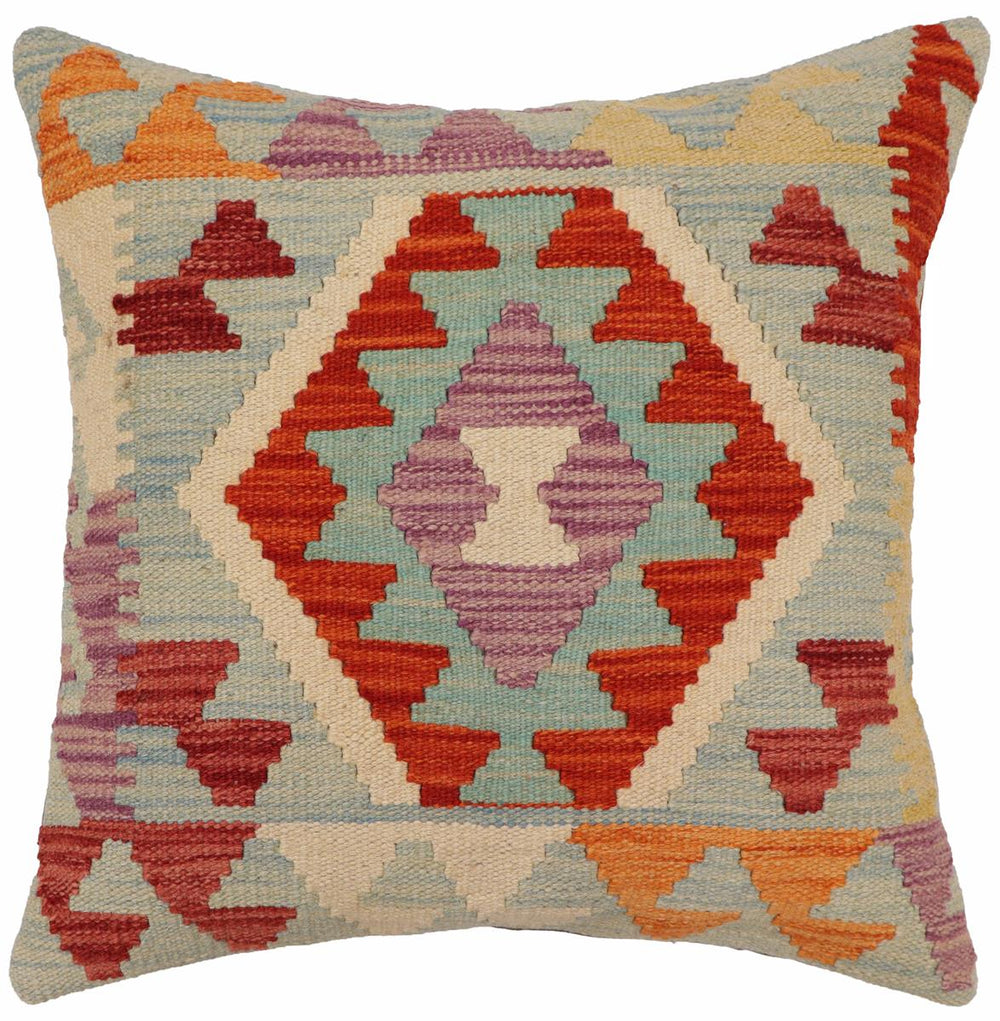 handmade Traditional Pillow Blue Rust Hand-Woven SQUARE 100% WOOL  Hand woven turkish pillow  PILLOW