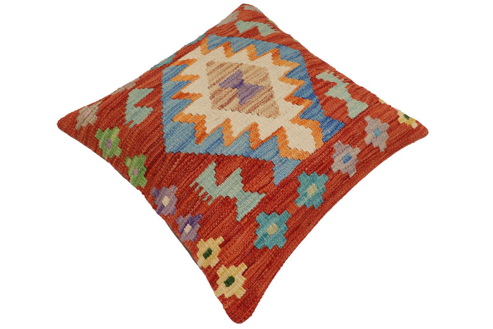 handmade Traditional Pillow Rust Blue Hand-Woven SQUARE 100% WOOL  Hand woven turkish pillow  PILLOW