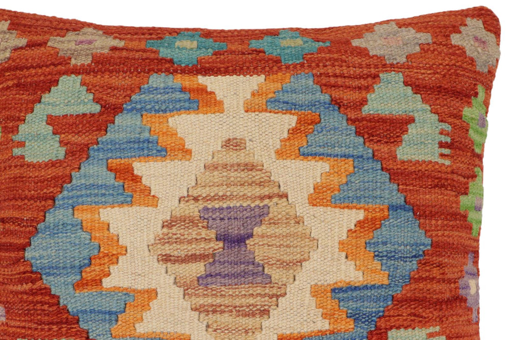 handmade Traditional Pillow Rust Blue Hand-Woven SQUARE 100% WOOL  Hand woven turkish pillow  PILLOW