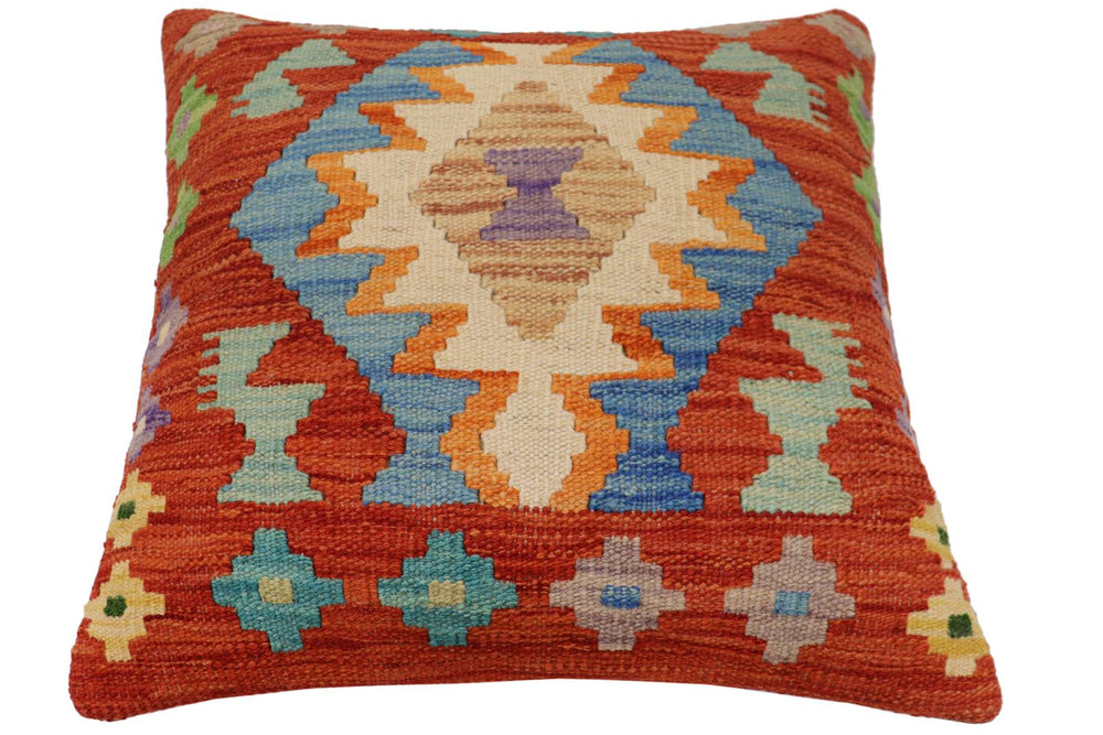 handmade Traditional Pillow Rust Blue Hand-Woven SQUARE 100% WOOL  Hand woven turkish pillow  PILLOW