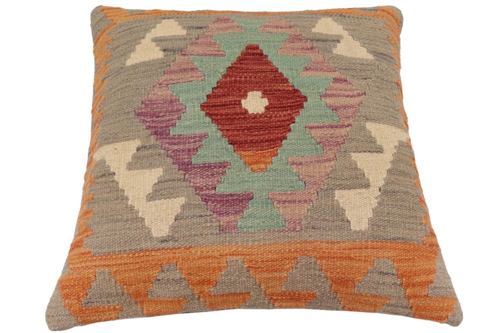 handmade Traditional Pillow Gray Orange Hand-Woven SQUARE 100% WOOL  Hand woven turkish pillow  PILLOW