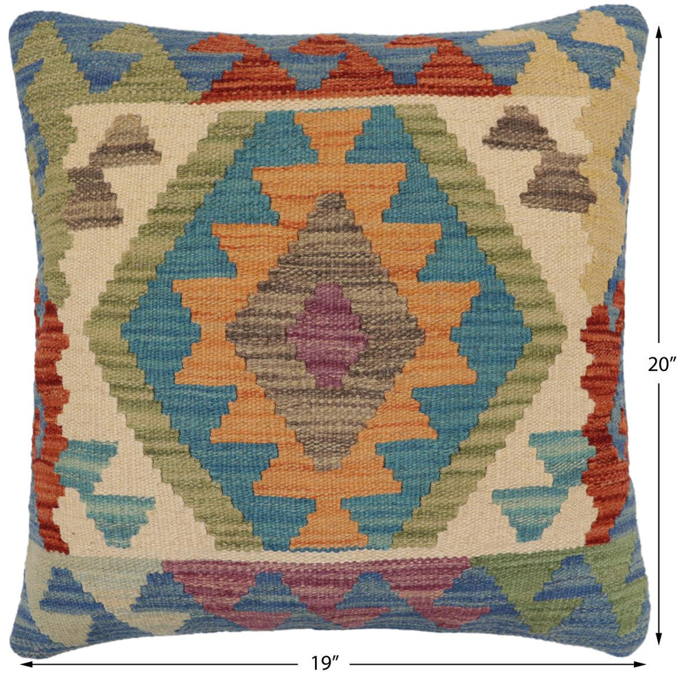 handmade Traditional Pillow Blue Rust Hand-Woven SQUARE 100% WOOL  Hand woven turkish pillow  PILLOW
