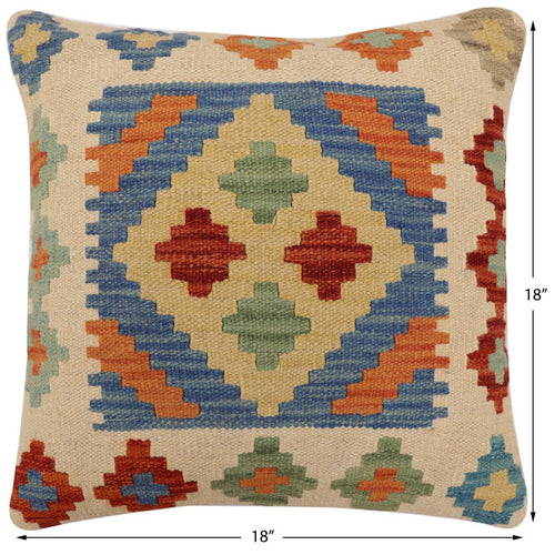 handmade Traditional Pillow Blue Beige Hand-Woven SQUARE 100% WOOL Hand woven turkish pillow2 x 2