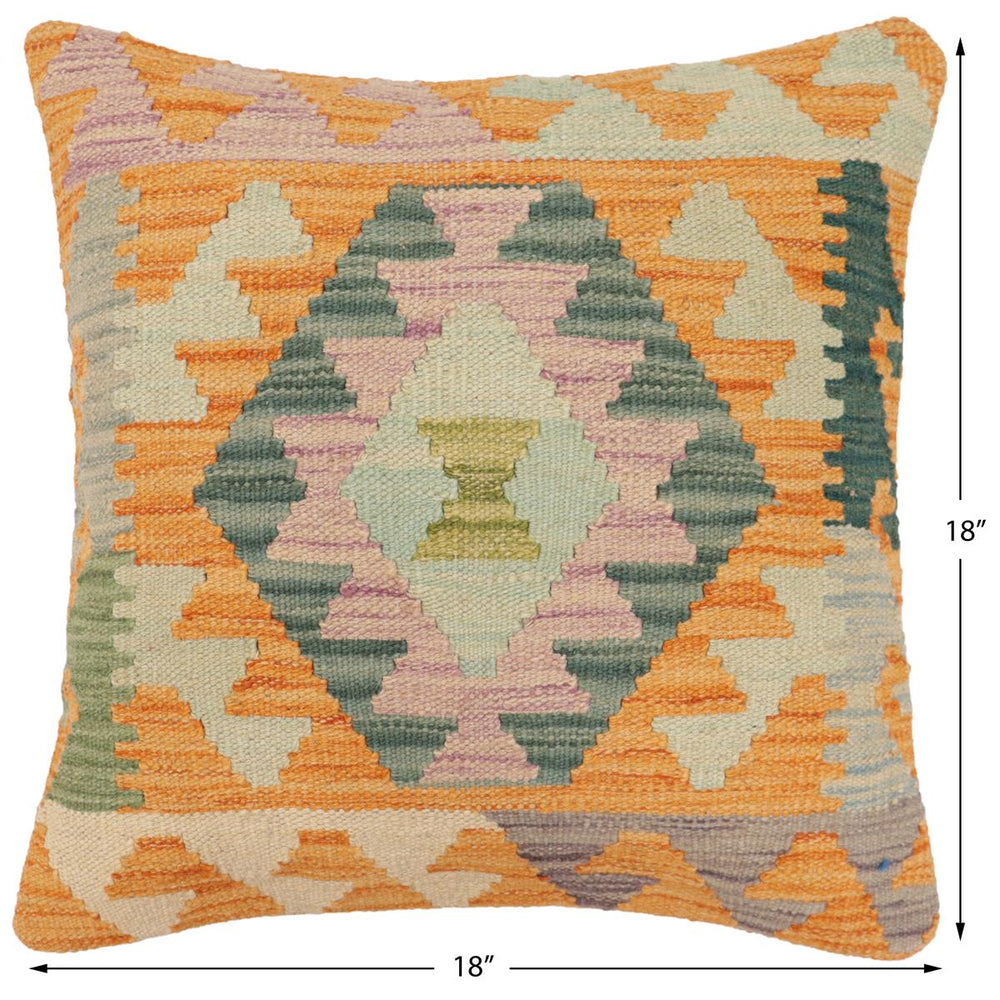 handmade Traditional Pillow Orange Blue Hand-Woven SQUARE 100% WOOL Hand woven turkish pillow2 x 2