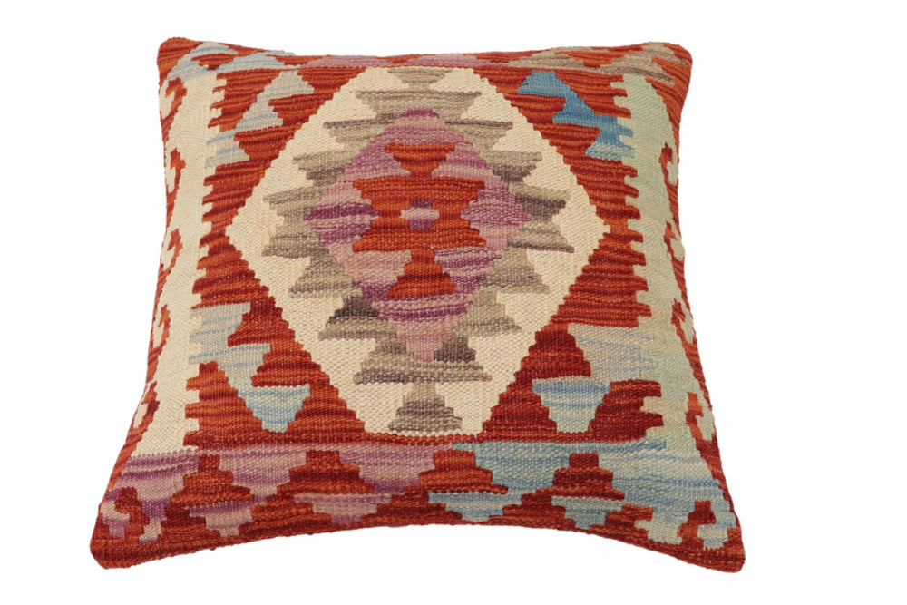 handmade Traditional Pillow Rust Blue Hand-Woven SQUARE 100% WOOL Hand woven turkish pillow2 x 2