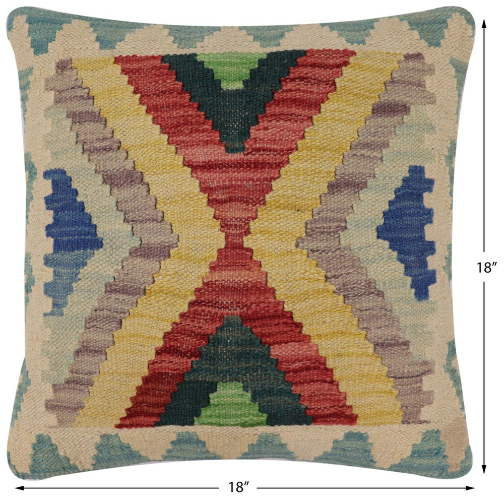 handmade Traditional Pillow Blue Beige Hand-Woven SQUARE 100% WOOL Hand woven turkish pillow2 x 2