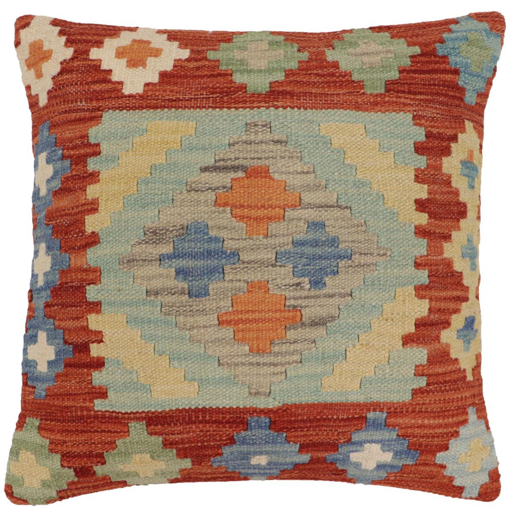handmade Traditional Pillow Rust Blue Hand-Woven SQUARE 100% WOOL Hand woven turkish pillow2 x 2