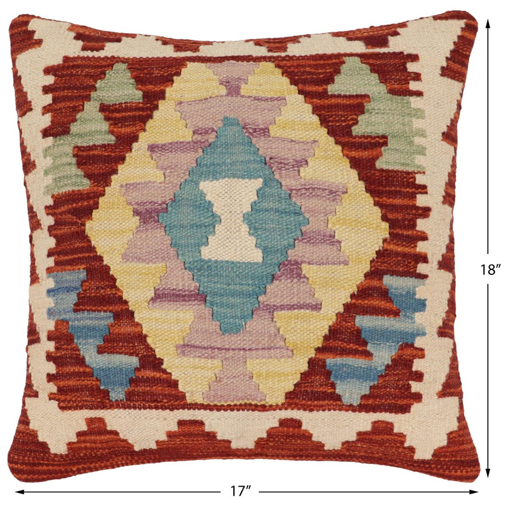 handmade Traditional Pillow Rust Blue Hand-Woven SQUARE 100% WOOL  Hand woven turkish pillow  2 x 2
