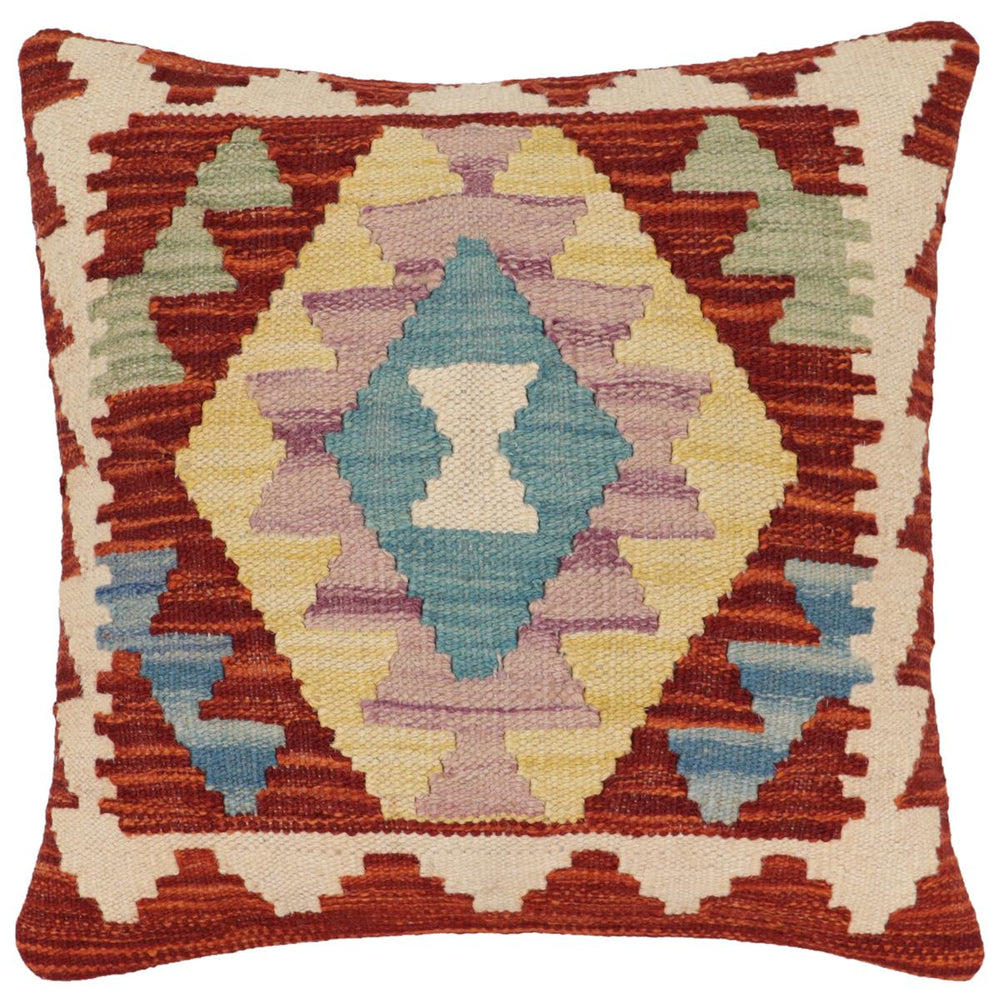handmade Traditional Pillow Rust Blue Hand-Woven SQUARE 100% WOOL  Hand woven turkish pillow  2 x 2