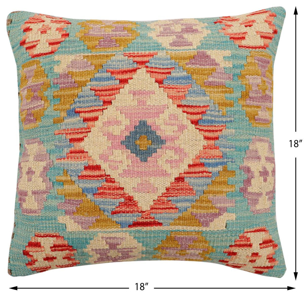 handmade Traditional Pillow Blue Beige Hand-Woven SQUARE 100% WOOL Hand woven turkish pillow2 x 2