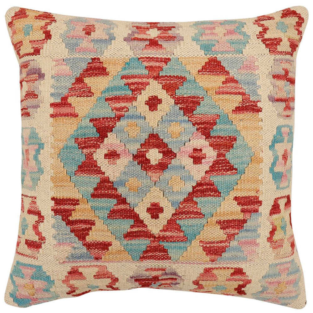 handmade Traditional Pillow Red Blue Hand-Woven SQUARE 100% WOOL  Hand woven turkish pillow  2 x 2