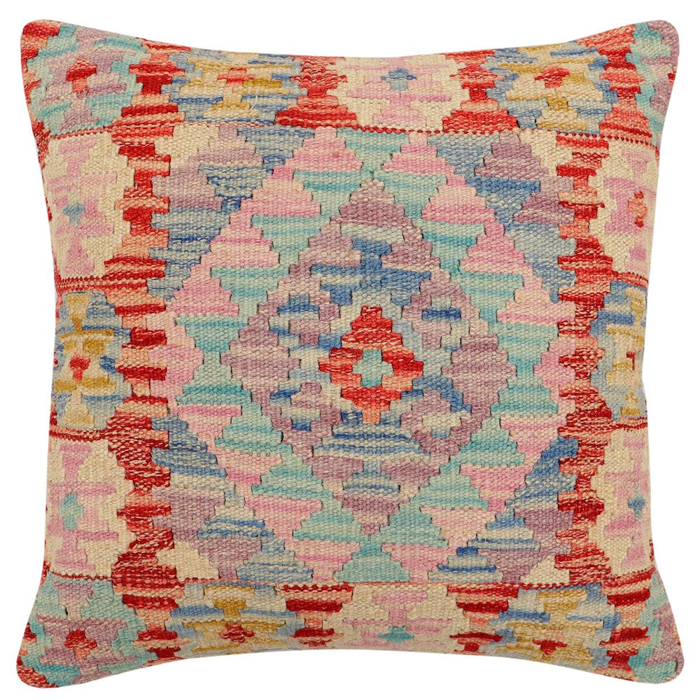 handmade Traditional Pillow Red Blue Hand-Woven SQUARE 100% WOOL  Hand woven turkish pillow  2 x 2