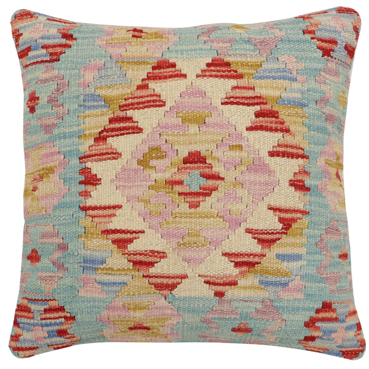 18x18 hand woven kilim throw pillow in blue, red and beige - Rustic Nguyen