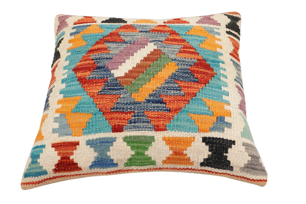 handmade Traditional Pillow Rust Blue Hand-Woven SQUARE 100% WOOL  Hand woven turkish pillow  3 x 5
