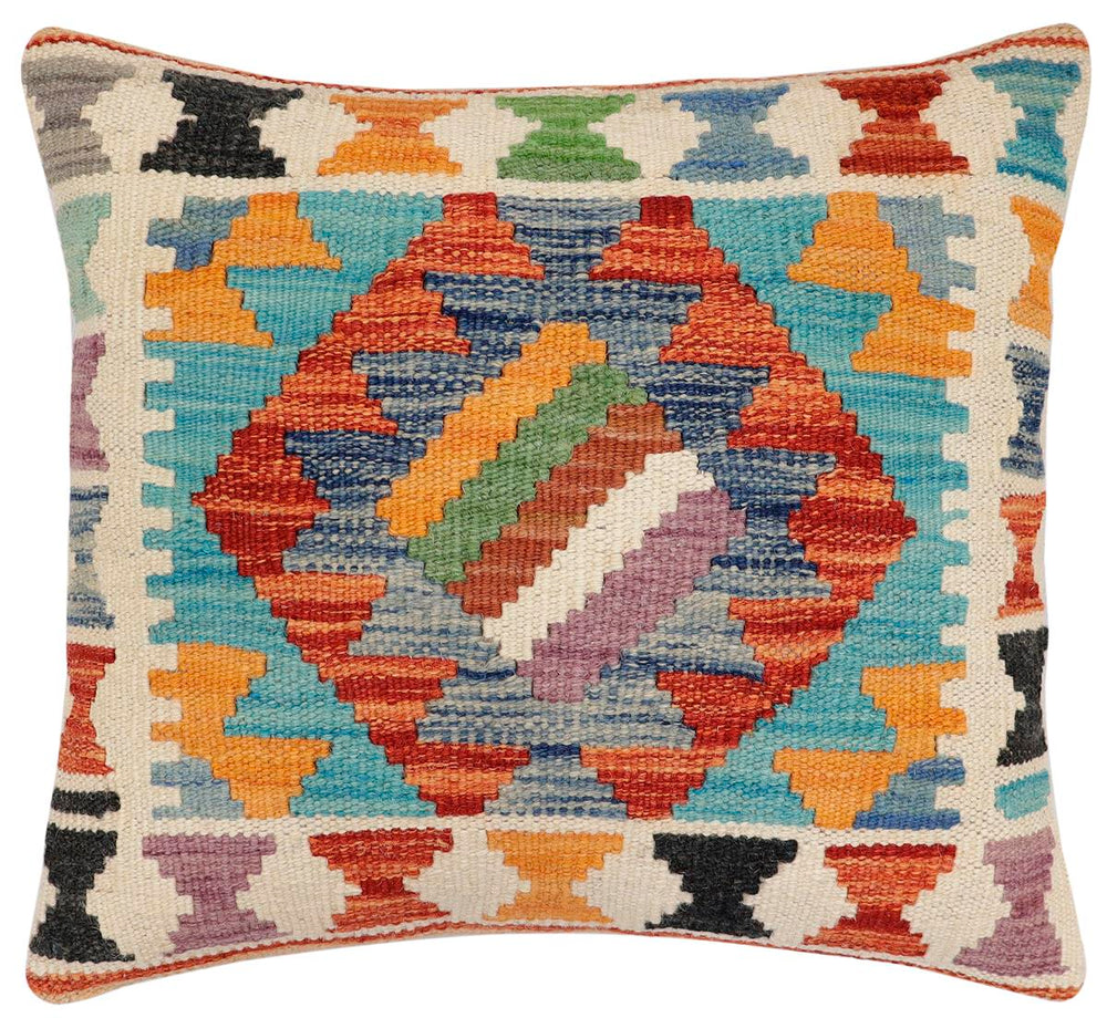 handmade Traditional Pillow Rust Blue Hand-Woven SQUARE 100% WOOL  Hand woven turkish pillow  3 x 5