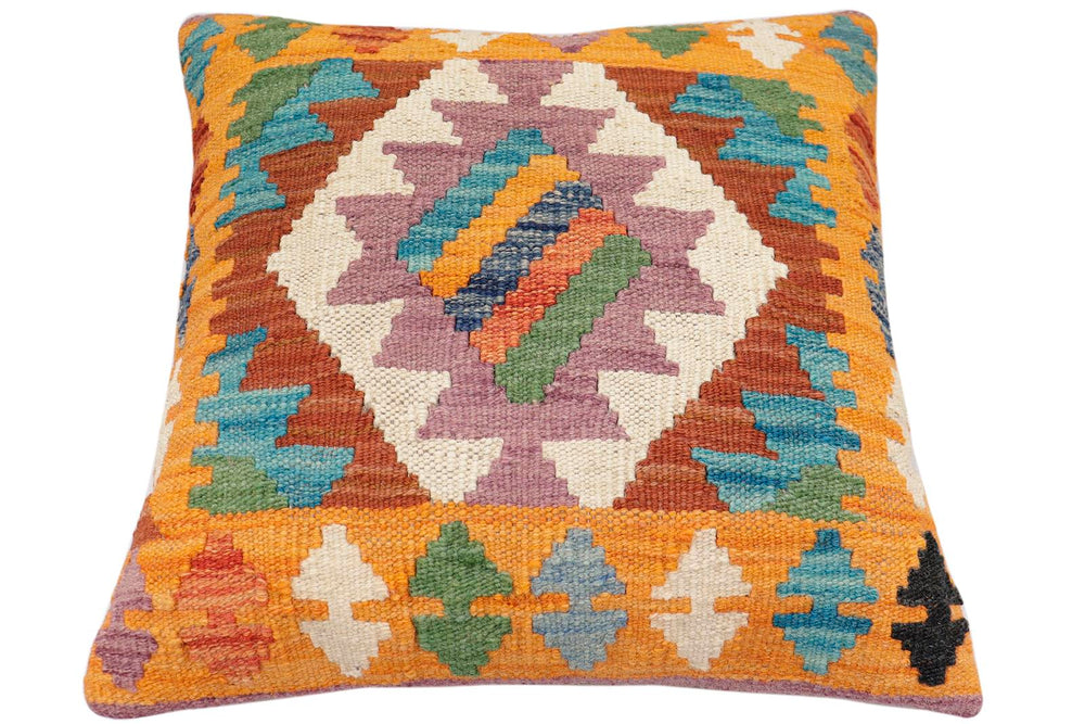 handmade Traditional Pillow Blue Orange Hand-Woven SQUARE 100% WOOL Hand woven turkish pillow2 x 2