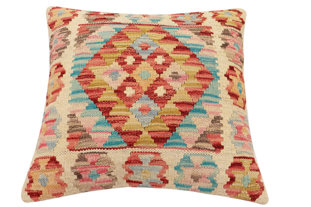 handmade Traditional Pillow Red Blue Hand-Woven SQUARE 100% WOOL  Hand woven turkish pillow  2 x 2