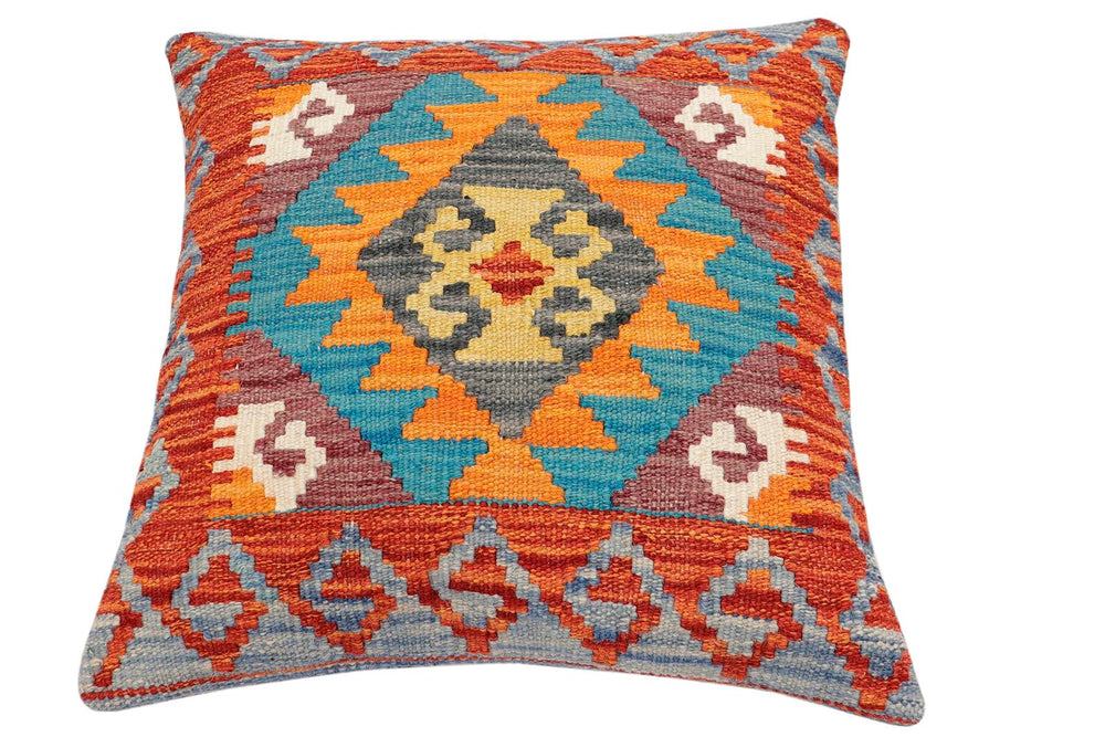 handmade Traditional Pillow Rust Blue Hand-Woven SQUARE 100% WOOL Hand woven turkish pillow2 x 2