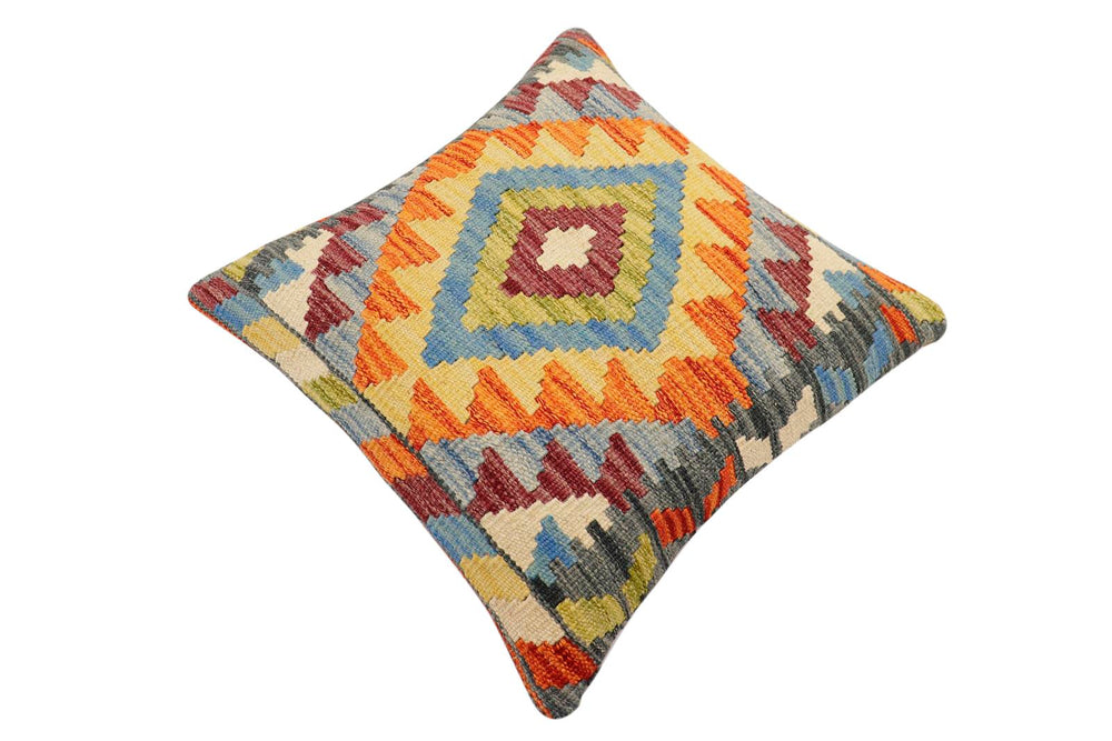 handmade Traditional Pillow Rust Blue Hand-Woven SQUARE 100% WOOL  Hand woven turkish pillow  2 x 2