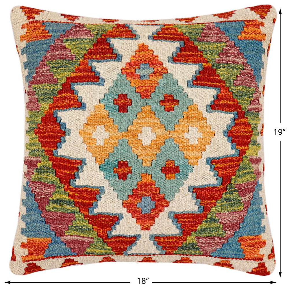 handmade Traditional Pillow Rust Blue Hand-Woven SQUARE 100% WOOL  Hand woven turkish pillow  2 x 2