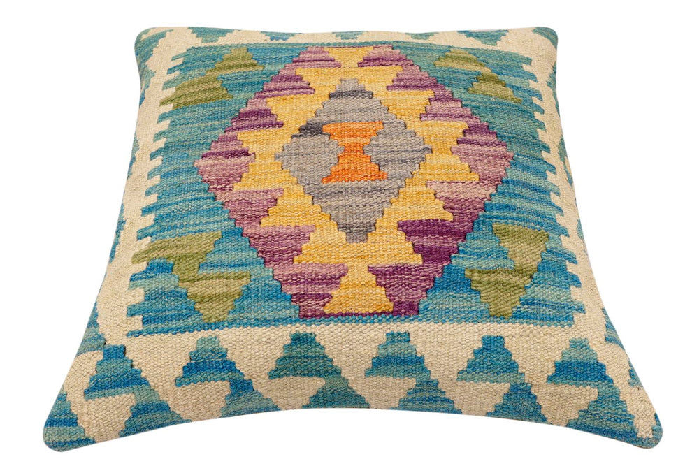 handmade Traditional Pillow Blue Beige Hand-Woven SQUARE 100% WOOL Hand woven turkish pillow2 x 2