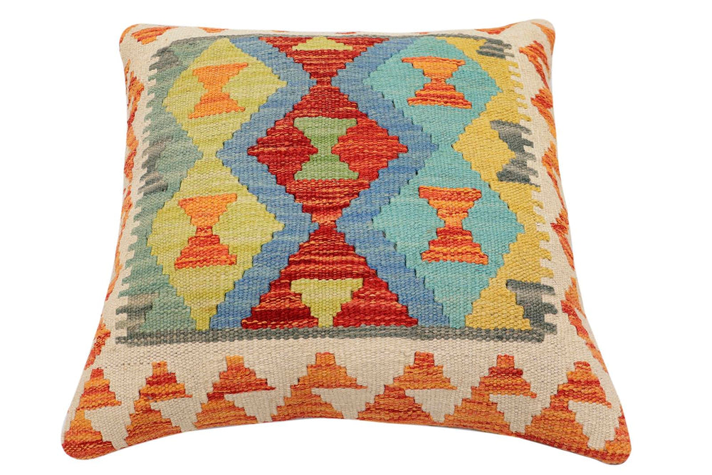 handmade Traditional Pillow Rust Blue Hand-Woven SQUARE 100% WOOL  Hand woven turkish pillow  2 x 2