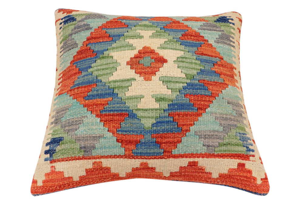 handmade Traditional Pillow Rust Blue Hand-Woven SQUARE 100% WOOL  Hand woven turkish pillow  2 x 2