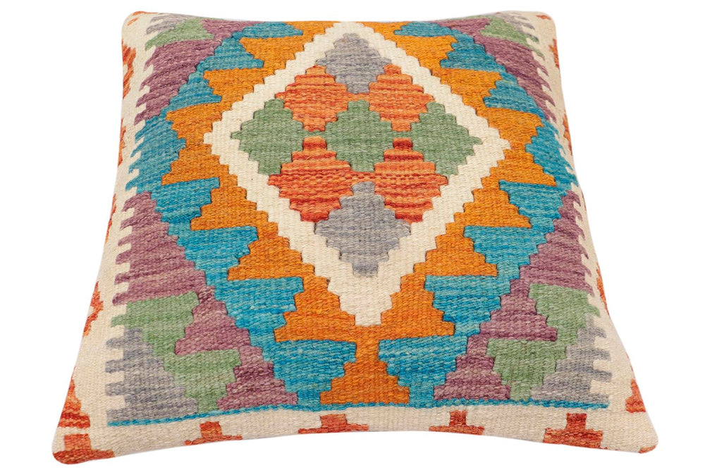 handmade Traditional Pillow Rust Blue Hand-Woven SQUARE 100% WOOL  Hand woven turkish pillow  2 x 2