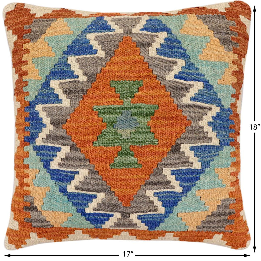 handmade Traditional Pillow Rust Blue Hand-Woven SQUARE 100% WOOL  Hand woven turkish pillow  2 x 2
