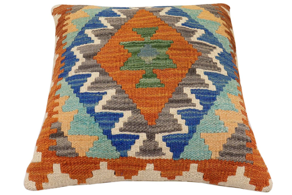 handmade Traditional Pillow Rust Blue Hand-Woven SQUARE 100% WOOL  Hand woven turkish pillow  2 x 2
