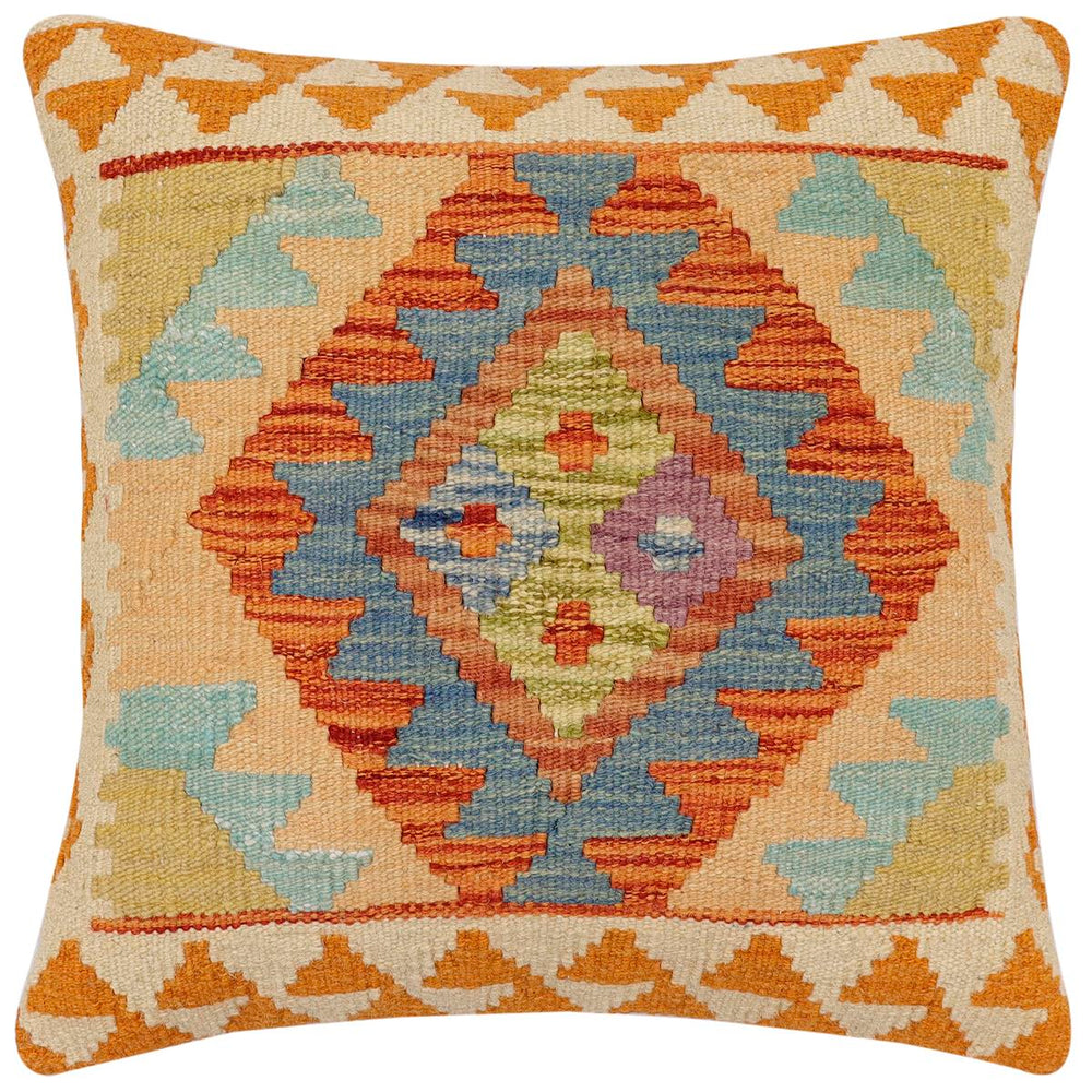 handmade Traditional Pillow Rust Blue Hand-Woven SQUARE 100% WOOL  Hand woven turkish pillow  2 x 2