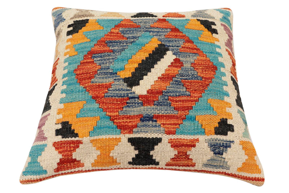 handmade Traditional Pillow Rust Blue Hand-Woven SQUARE 100% WOOL  Hand woven turkish pillow  2 x 2