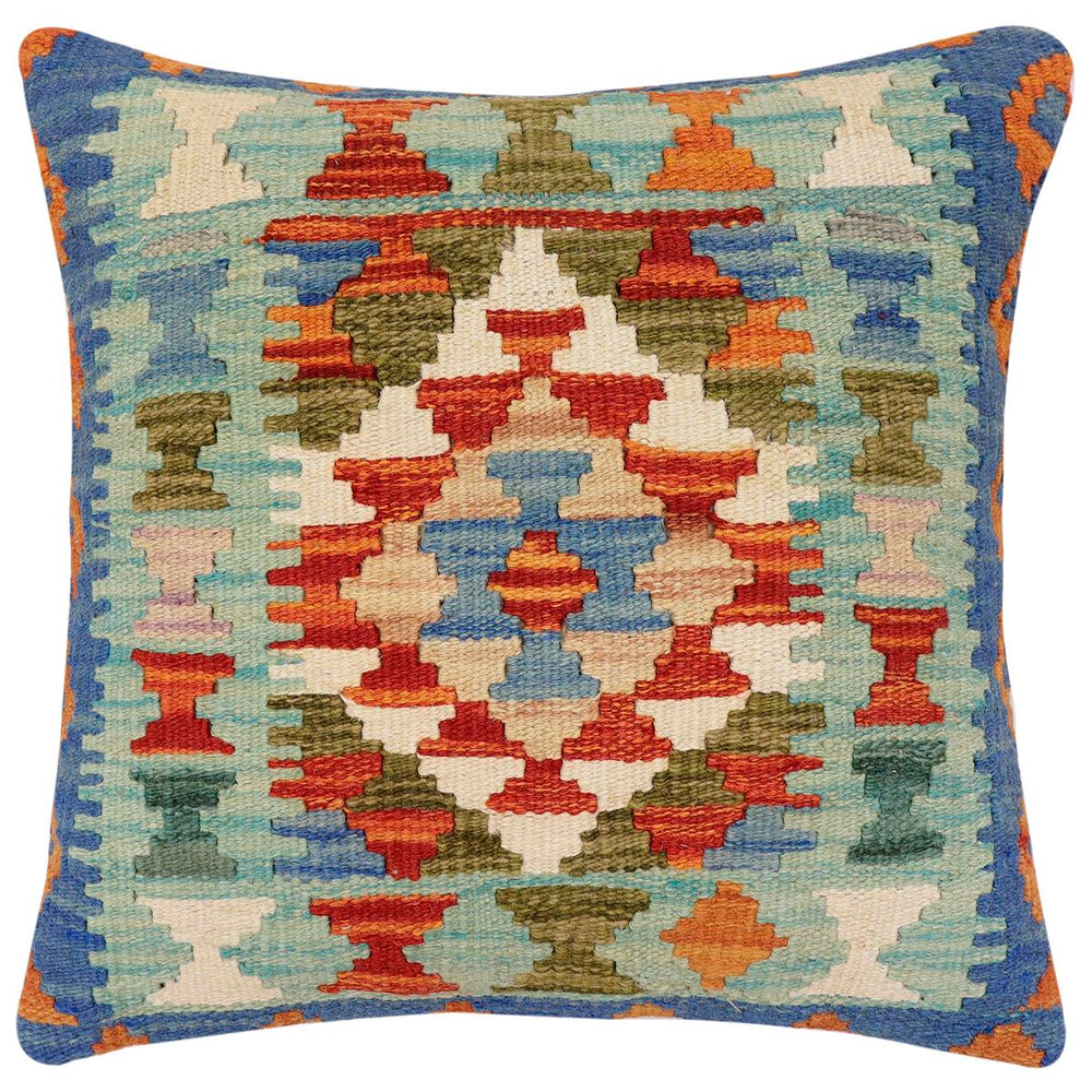 handmade Traditional Pillow Rust Blue Hand-Woven SQUARE 100% WOOL Hand woven turkish pillow2 x 2