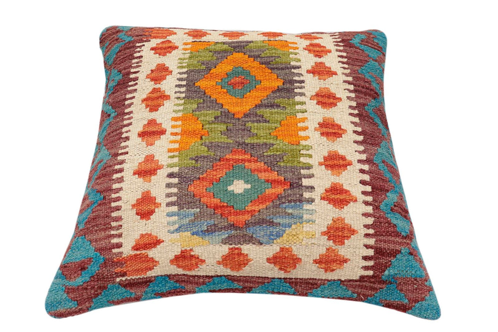 handmade Traditional Pillow Rust Blue Hand-Woven SQUARE 100% WOOL Hand woven turkish pillow2 x 2